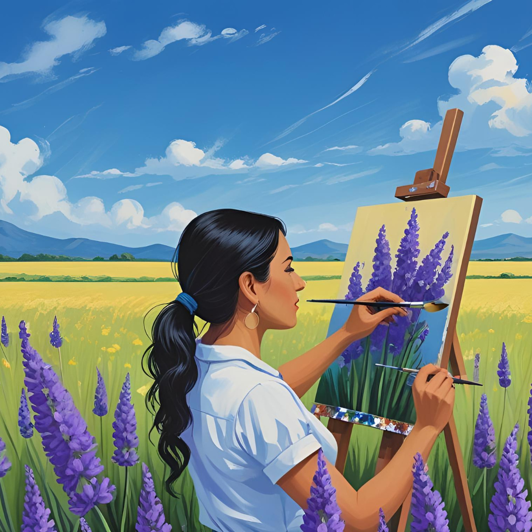 Woman painting a field of lavender with a blue sky and mountains in the background